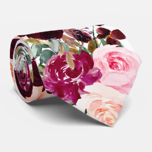 Corbata PixDezines Boho Rubor Burdeos Flores Acuarela