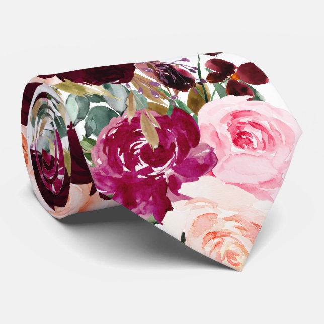Corbata PixDezines Boho Rubor Burdeos Flores Acuarela (Enrollado)