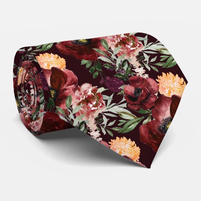 Corbata PixDezines Boho Rubor Burdeos Flores Acuarela  (Enrollado)