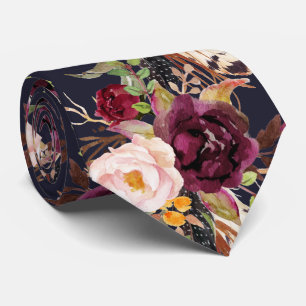 Corbata PixDezines Boho Rubor Burdeos Flores Acuarela
