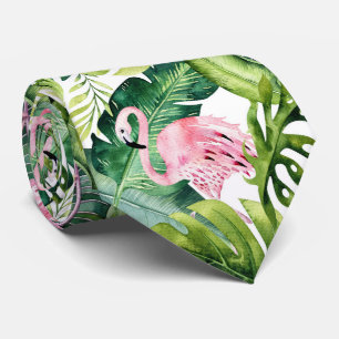 Corbata PixDezines Flamenco Rosa + Foliaje Tropical