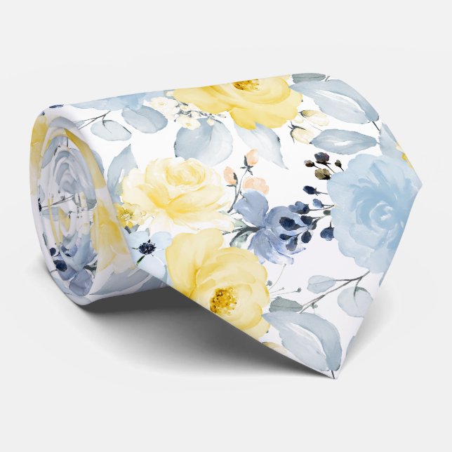 Corbata PixDezines H2 Flores Amarillo y Azul Polvo (Enrollado)