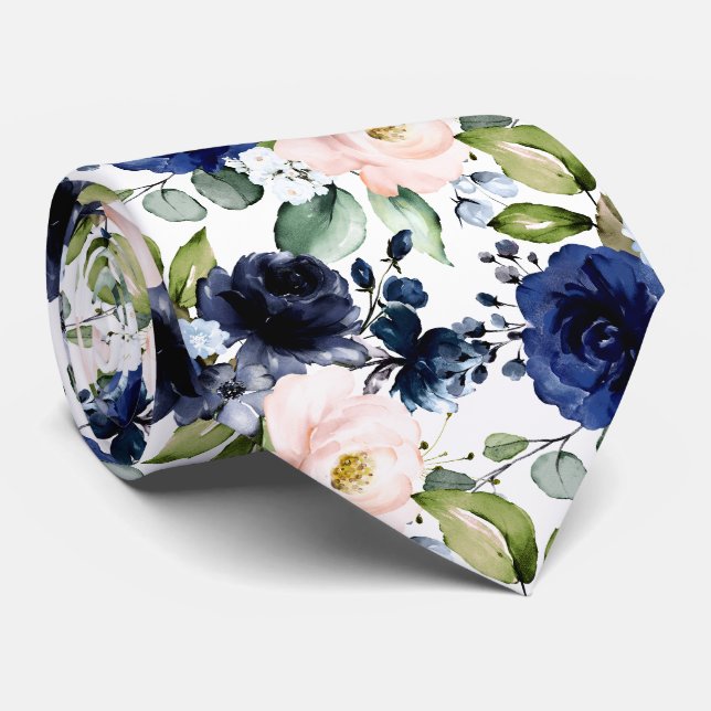 Corbata PixDezines H2 Flores Rosa Azul Marino (Enrollado)