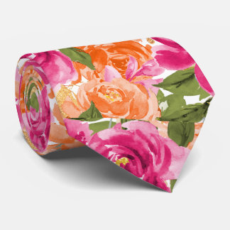 Corbata PixDezines H2 Flores Rosas Rosa Fuerte Naranja