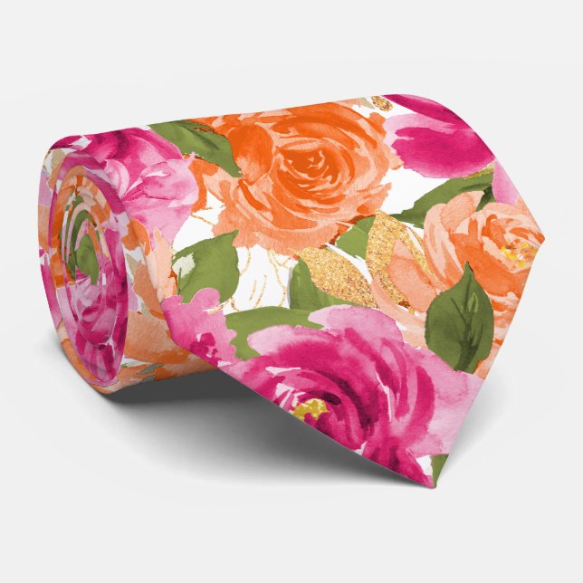 Corbata PixDezines H2 Flores Rosas Rosa Fuerte Naranja (Enrollado)