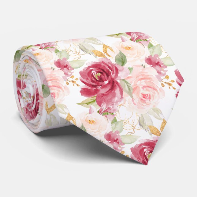 Corbata PixDezines H2 Flores Rosas Rosadas Frambuesa (Enrollado)
