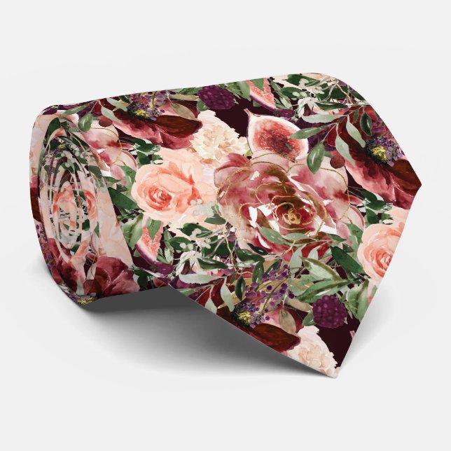 Corbata PixDezines H2 Marsala Boho Blush Burgundy Flowers  (Enrollado)