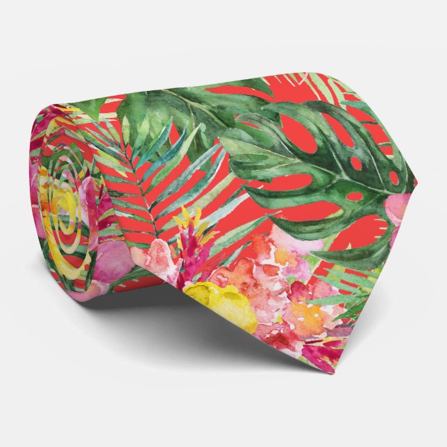 Corbata PixDezines Paraíso Tropical Follaje Floral (Enrollado)