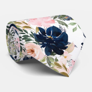 Corbata PixDezines Rosa Desvaído Azul Marino Flores Acuare