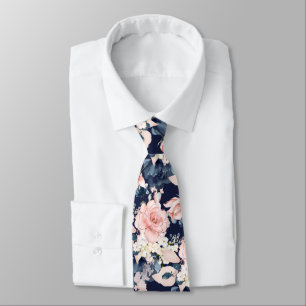 Corbata PixDezines Rosa Pálido Azul Marino Flores Acuarela