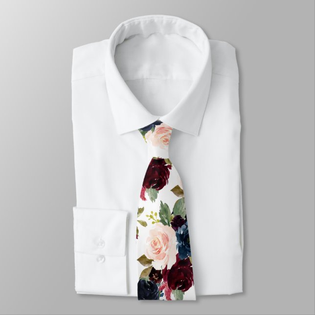 Corbata PixDezines Rubor Burgundy Azul Marino Flores Acuar (Atado)
