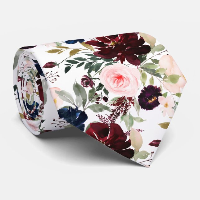 Corbata PixDezines Rubor Burgundy Azul Marino H2 Botánico (Enrollado)