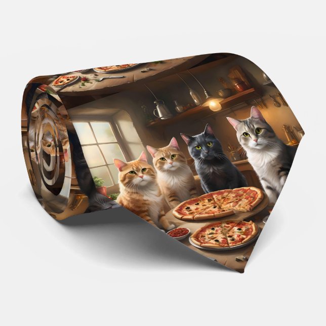 Corbata "Pizza Paw-ty: ¡Cuatro gatos cavando!" (Enrollado)