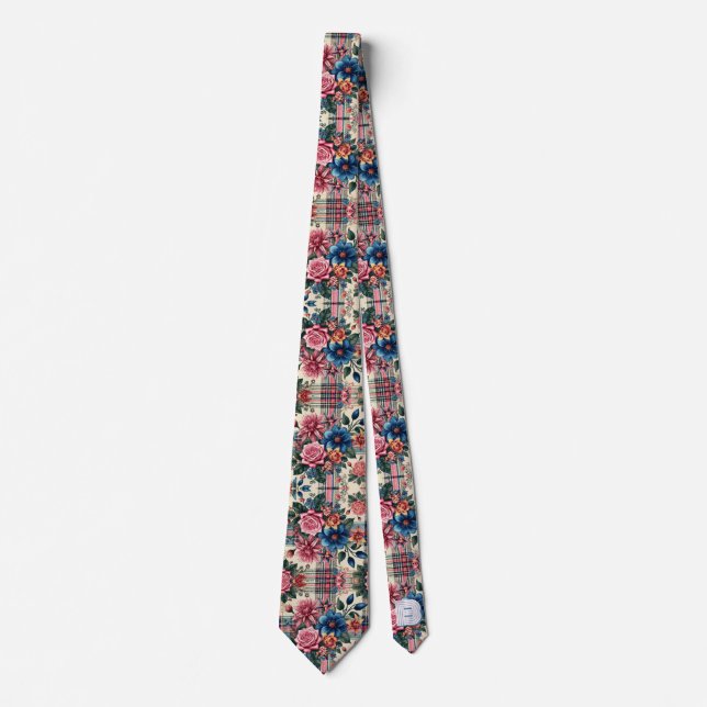 Corbata Placa azul rosa floral monogramada (Anverso)