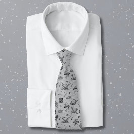 Corbata Planetas cohetes gris garabato espacio 