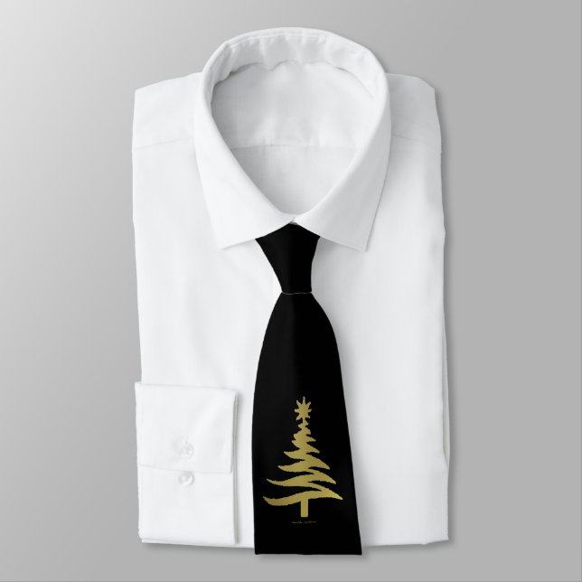 Corbata Plantilla de árbol de Navidad dorado sobre negro (Atado)