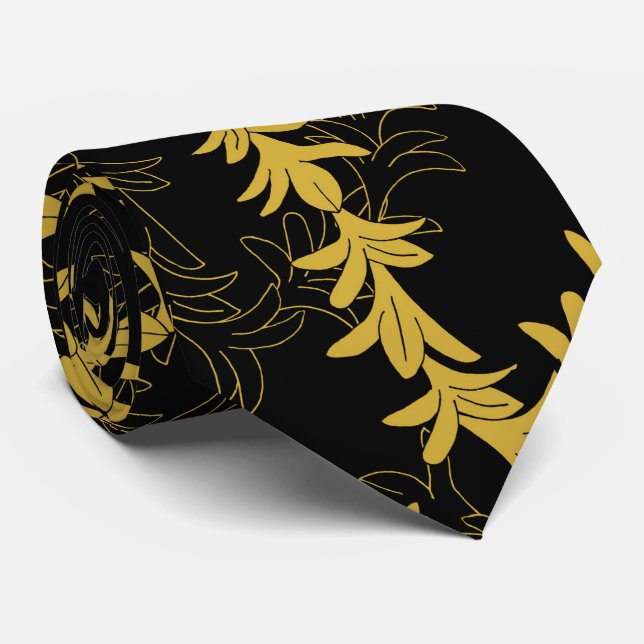 Corbata Plumeria Floral Lei Garland Patrón Boda negro (Enrollado)