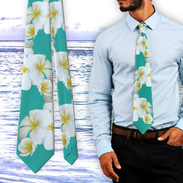 Corbata Plumeria Lagoon Blue-Green Hawaiian Flowers Tie