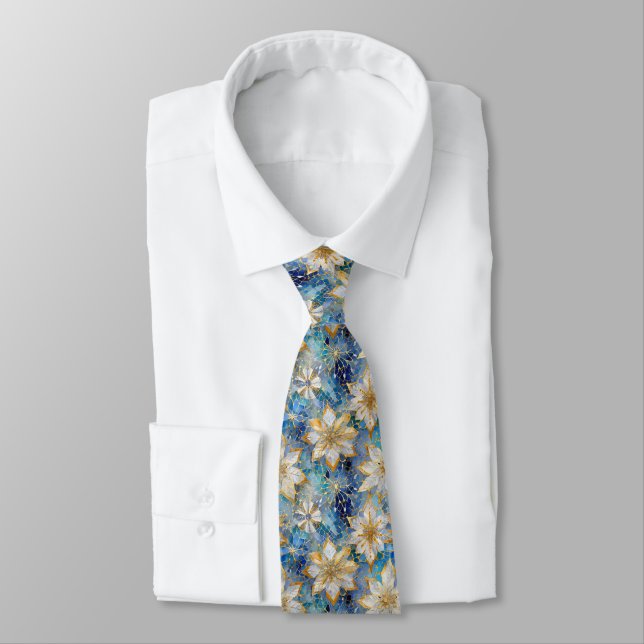 Corbata Poinsettias de los Navidades Blue White Gold (Atado)