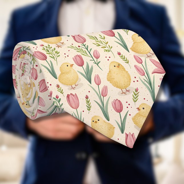Corbata Pollitos amarillos lindos de Pascua con tulipanes  (Subido por el creador)