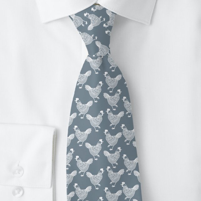 Corbata Pollo Gallina Avicultura (Chicken hen poultry pattern dusty blue and white neck tie)