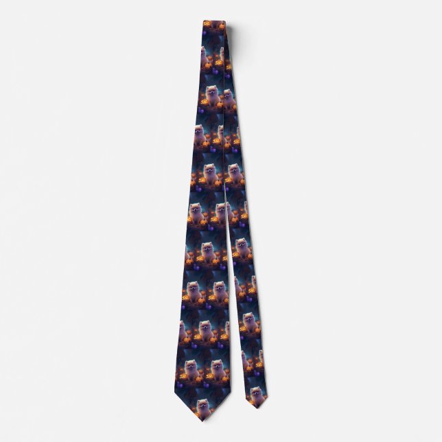 Corbata Pomerania de Halloween con calabazas aterradoras (Anverso)
