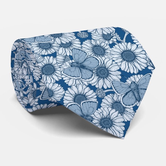Corbata Primavera azul, flores silvestres, margaritas (Enrollado)