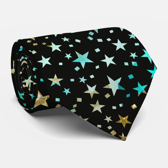 Corbata Profesional Turquoise Blue Faux Gold Stars Black (Enrollado)