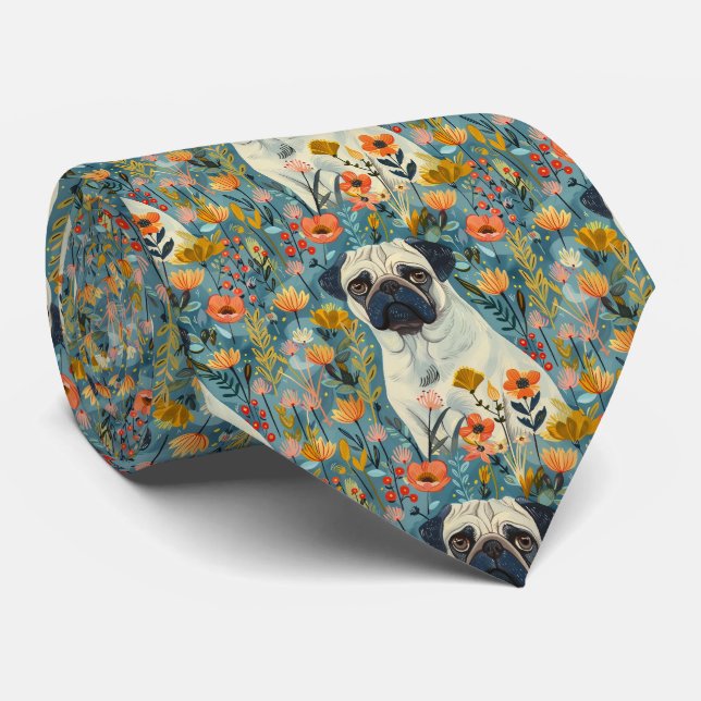 Corbata Pug Con Flores Gouache (Enrollado)