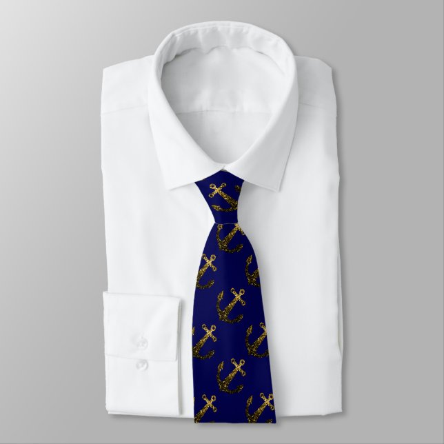 Corbata Purpurina de chispa de oro Patrón de anclaje azul  (Atado)