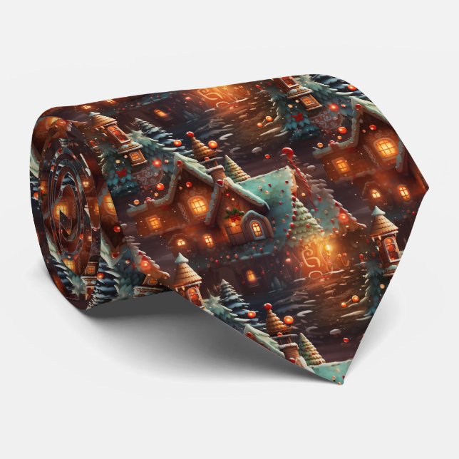 Corbata Quirky Brown and Blue Gingerbread House Pattern (Enrollado)