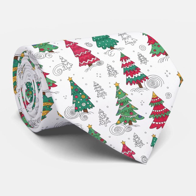 Corbata Quirky Whimsical Christmas Trees Doodles Seasonal  (Enrollado)