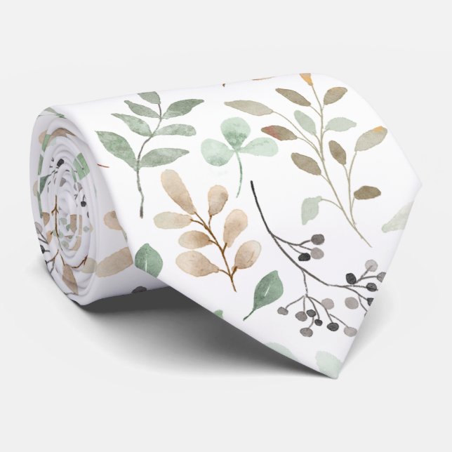 Corbata Ramas abstractas hojas verde blanco marrón (Enrollado)