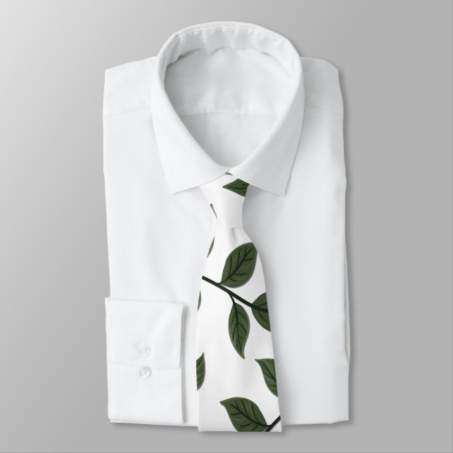 Corbata Ramas de follaje con hojas verdes sobre blanco (Atado)