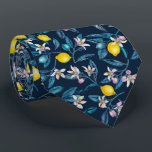 Corbata Ramas de limón con flores y fruta en azul<br><div class="desc">Patrón de acuarela pintado a mano con ramas de limón con flores y fruta</div>
