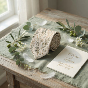Corbata Ramas de olivo elegantes y florales marfil