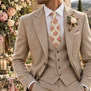 Corbata Ramo de peonía rosa Vintage Blush sobre floral cre