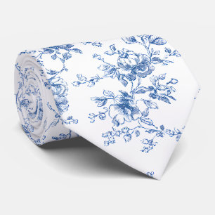 Corbata Ramo Floral Toile Azul Blanco Botánico Vintage