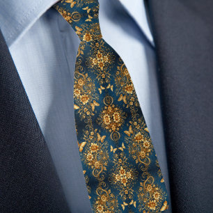 Corbata Ramos de flores formales doradas y profundas de az