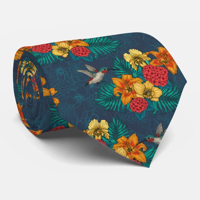 Corbata Ramos tropicales y colibríes (Enrollado)