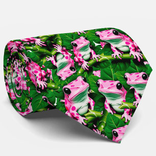 Corbata Rana Rosa En Diseño De Patrón De Hojas Verdes
