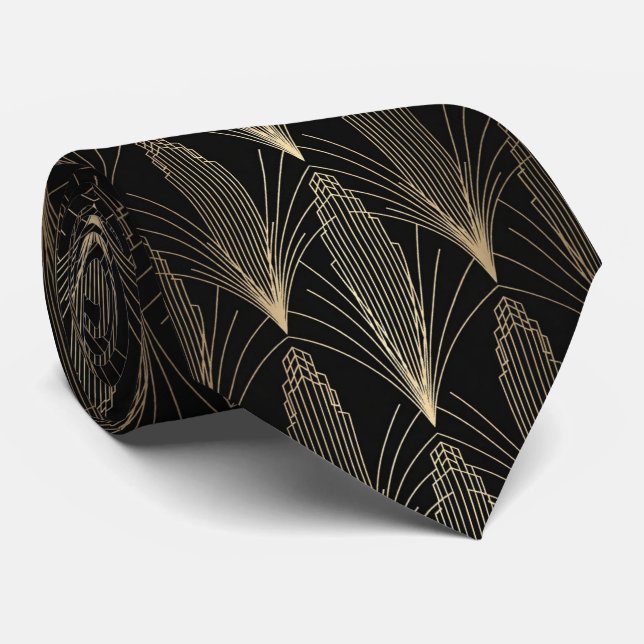Corbata Rascacielos Art Déco dorado y ráfaga de sol lineal (Enrollado)
