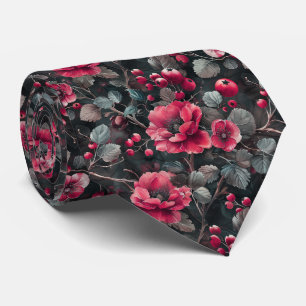 Corbata Raspberry, flores borgoñas en gris oscuro