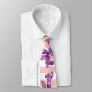 Corbata Rayas blancas rosadas con iris frasco floral morad