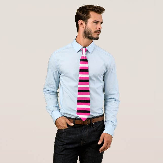 Corbata Rayas blancas y negras Patrón moderno rosa calient (In situ)