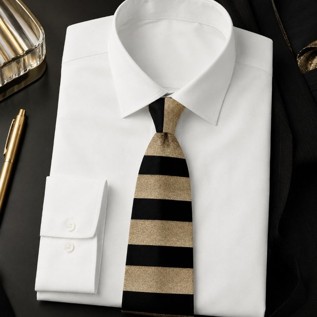 Corbata rayas geométricas en negro y oro de moda moderna (modern chic geometric black and gold stripes neck tie)