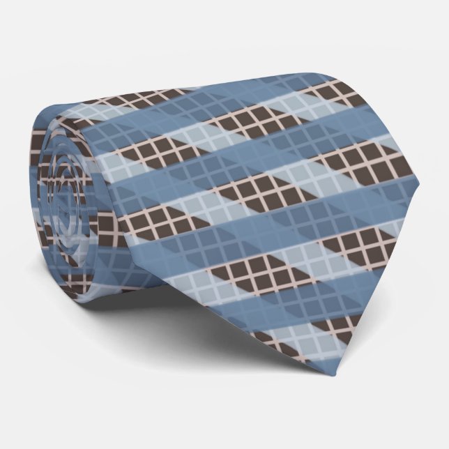 Corbata Rayas grisáceas azules en cuadrícula bronceada cre (Enrollado)
