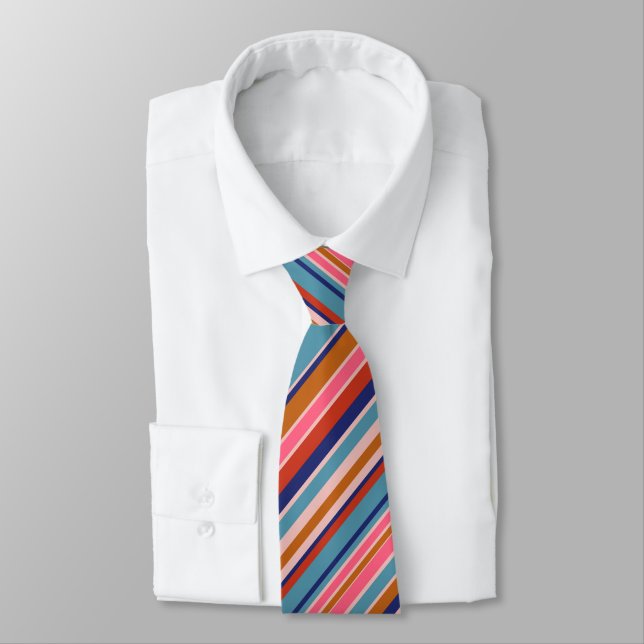 Corbata Rayas horizontales retro de terracota rosa azul (Atado)