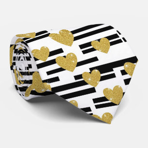 Corbata Rayas Negras Blancas Corazones Dorados Patrón