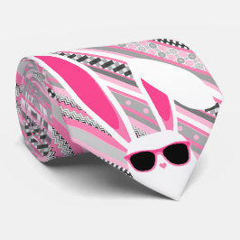 Corbata Rayas rosas, grises y blancas con conejito blanco 